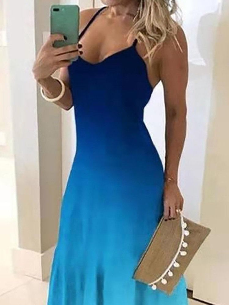 Vestido Feminino Até O Chão Sem Mangas Com Cintura Alta E Gradiente