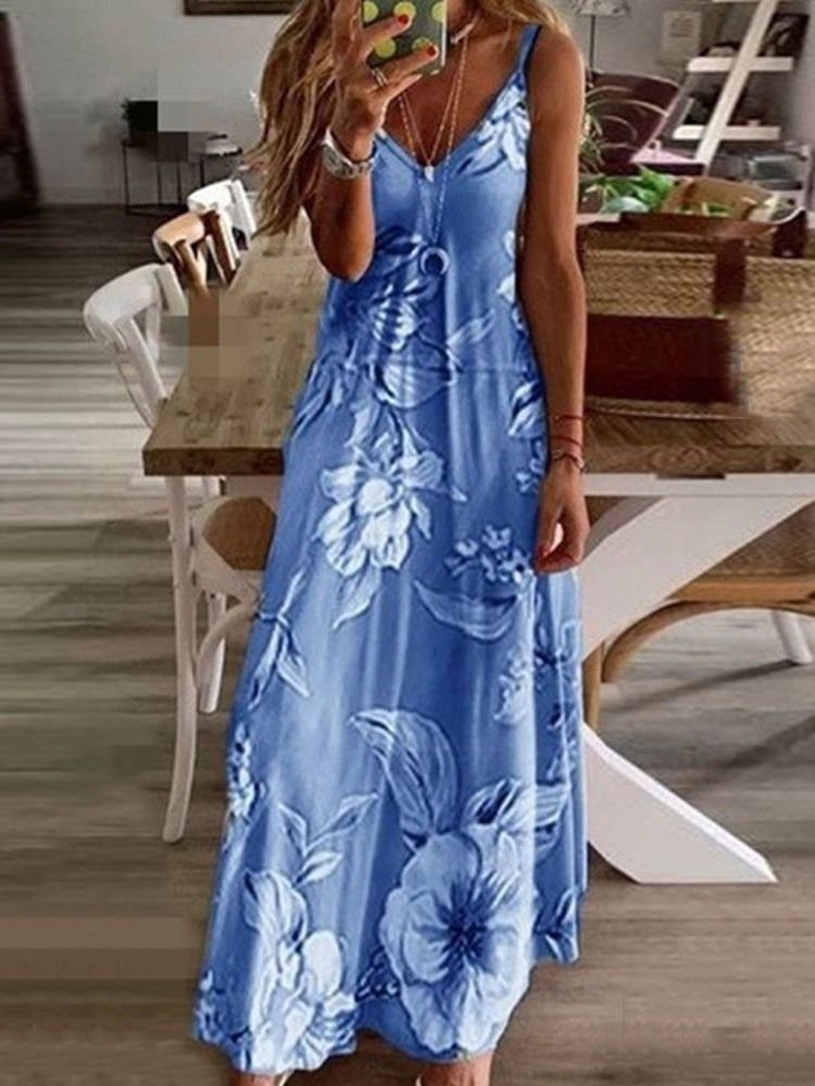 Vestido Feminino Até O Chão Sem Mangas Sem Mangas Pulôver Floral Com Decote Em V