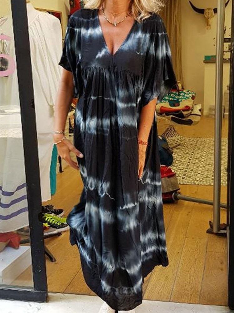 Vestido Feminino Até O Tornozelo Com Decote Em V Tie-dye Com Cintura Alta