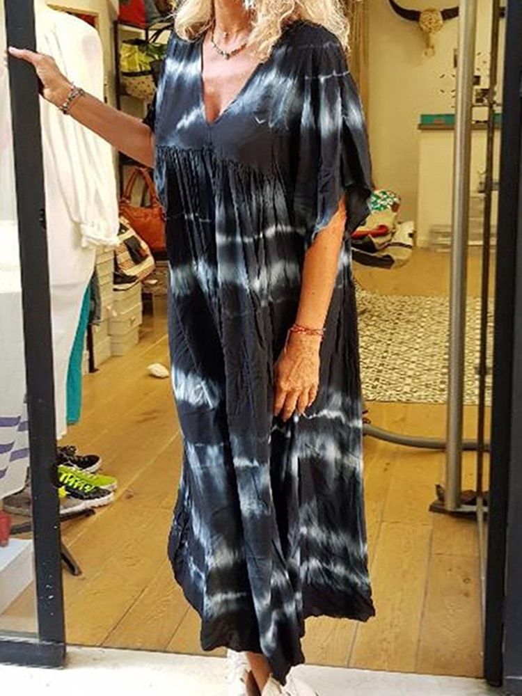 Vestido Feminino Até O Tornozelo Com Decote Em V Tie-dye Com Cintura Alta