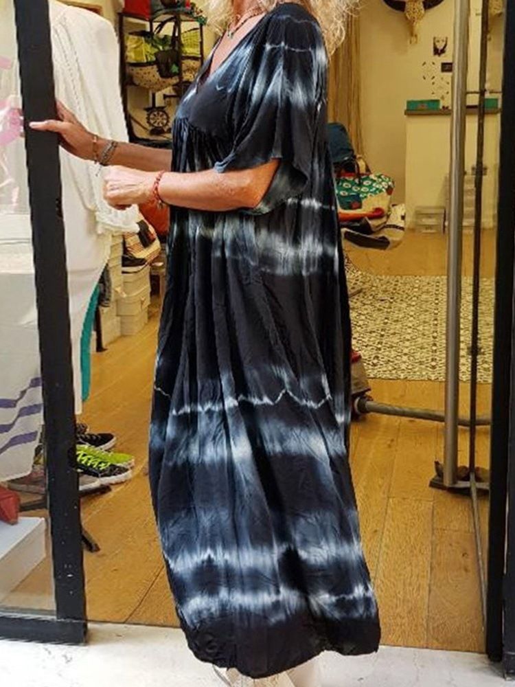 Vestido Feminino Até O Tornozelo Com Decote Em V Tie-dye Com Cintura Alta