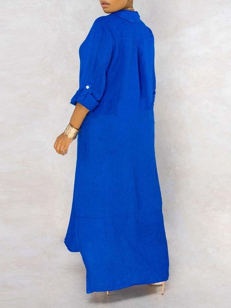 Vestido Feminino Casual Liso De Manga Comprida Dividida Até O Chão