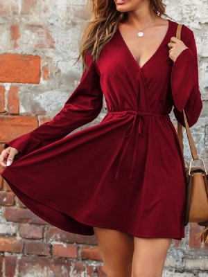 Vestido Feminino Com Cordão Com Decote Em V Acima Do Joelho Pulôver De Outono