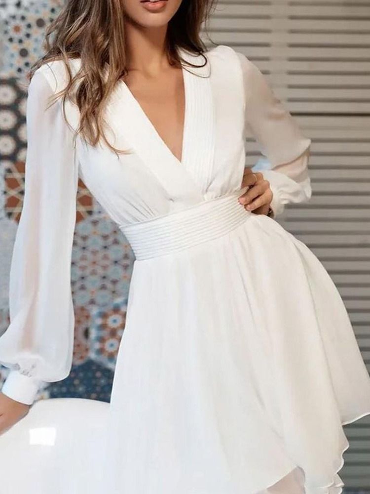 Vestido Feminino Com Decote Em V Acima Do Joelho Malha Doce Pulôver Branco