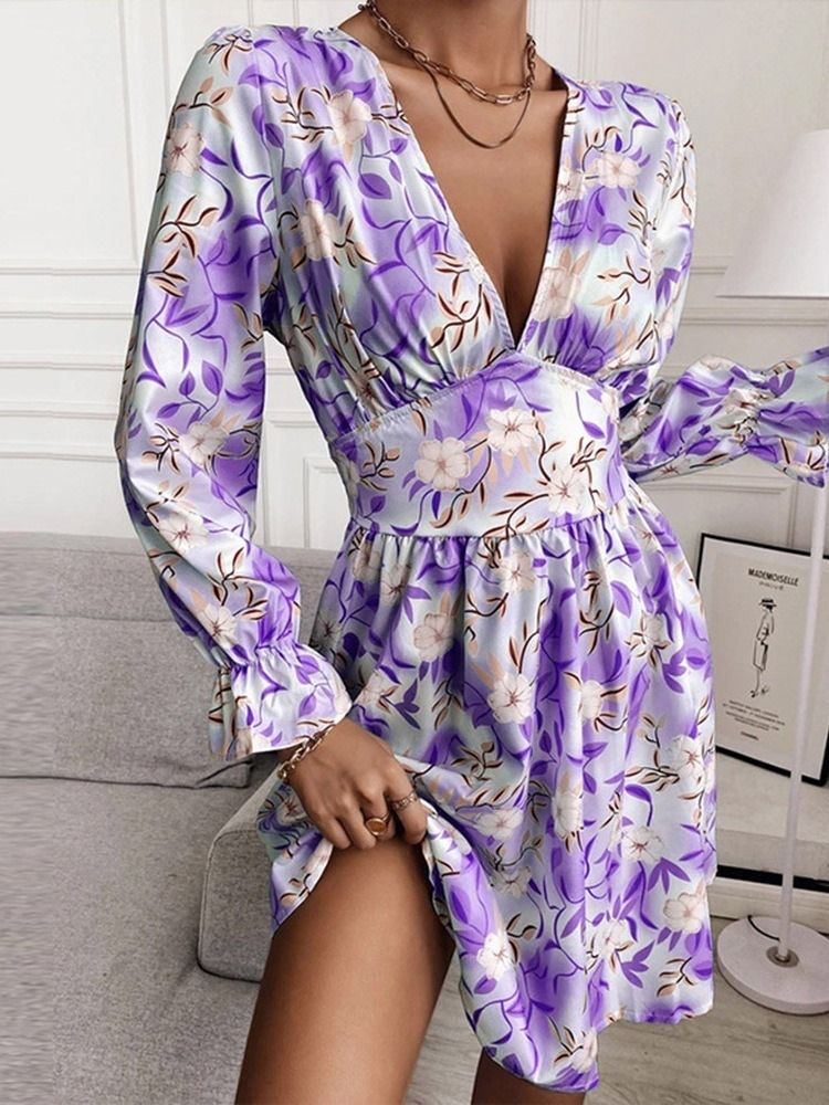 Vestido Feminino Com Decote Em V Acima Do Joelho Manga Comprida Floral Em Linha A