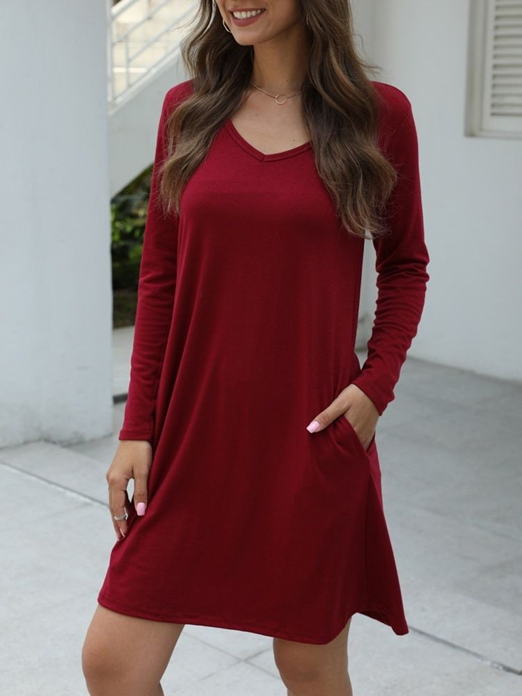 Vestido Feminino Com Decote Em V Na Altura Do Joelho Manga Longa Liso Outono