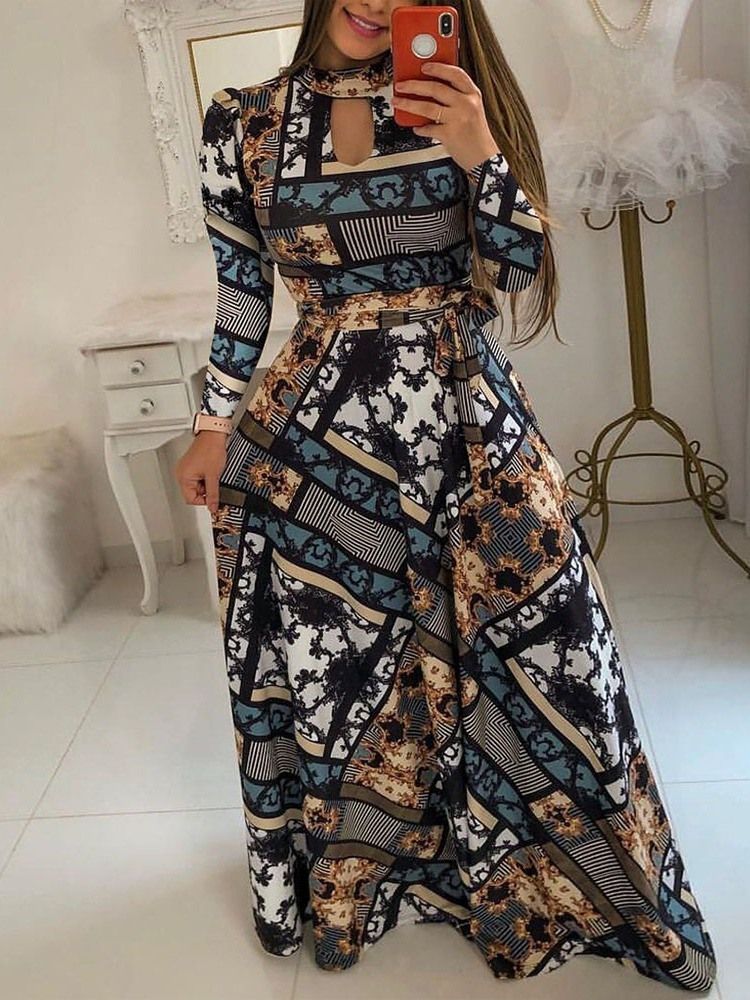 Vestido Feminino Com Estampa Até O Chão Manga Comprida Em Linha A Vestido Pulôver