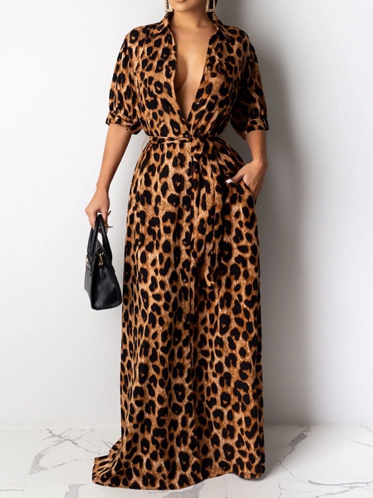 Vestido Feminino Com Estampa Até O Chão Meia Manga Moda Leopardo