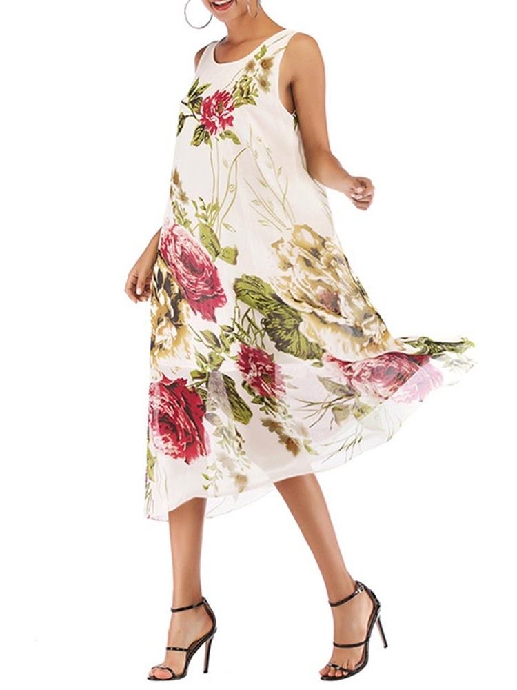 Vestido Feminino Com Estampa De Chiffon Em Volta Da Panturrilha Redonda E Sem Mangas Vestido Doce