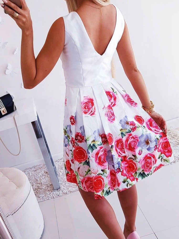 Vestido Feminino Com Estampa Floral Em Linha A Acima Do Joelho Com Decote Em V Único Vestido De Verão