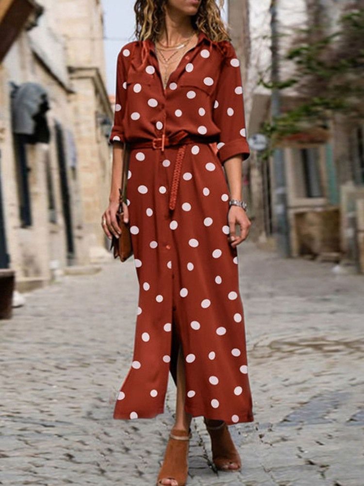 Vestido Feminino Com Estampa De Manga Três Quartos E Bolinhas Na Altura Do Tornozelo Vestido De Peito Único