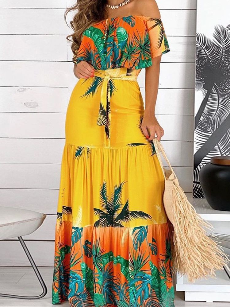 Vestido Feminino Com Manga Curta Curta Até O Chão Plant Line A