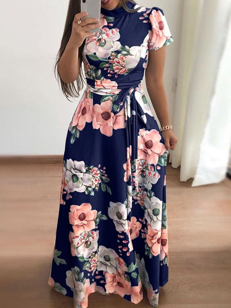 Vestido Feminino Estampado Até O Chão Manga Curta Pulôver De Cintura Média