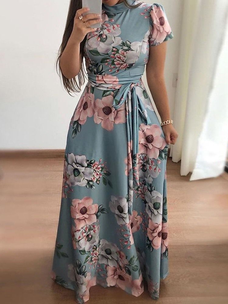 Vestido Feminino Estampado Até O Chão Manga Curta Pulôver De Cintura Média