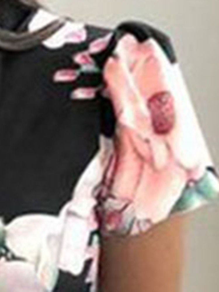 Vestido Feminino Estampado Até O Chão Manga Curta Pulôver De Cintura Média