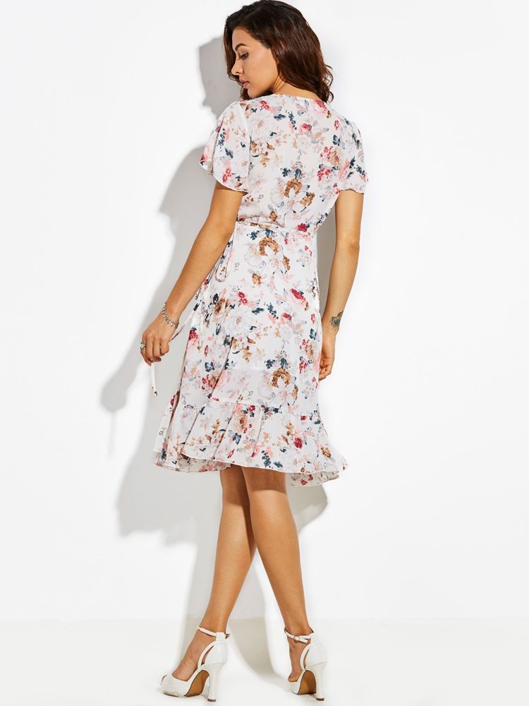 Vestido Feminino Estampado Com Decote Em V Com Cordão Em Linha A