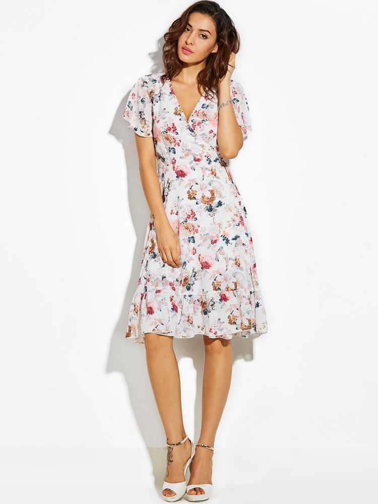 Vestido Feminino Estampado Com Decote Em V Com Cordão Em Linha A