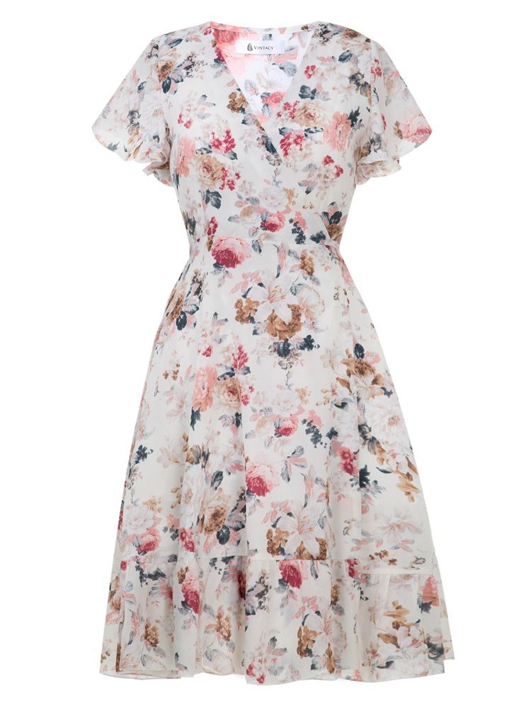 Vestido Feminino Estampado Com Decote Em V Com Cordão Em Linha A