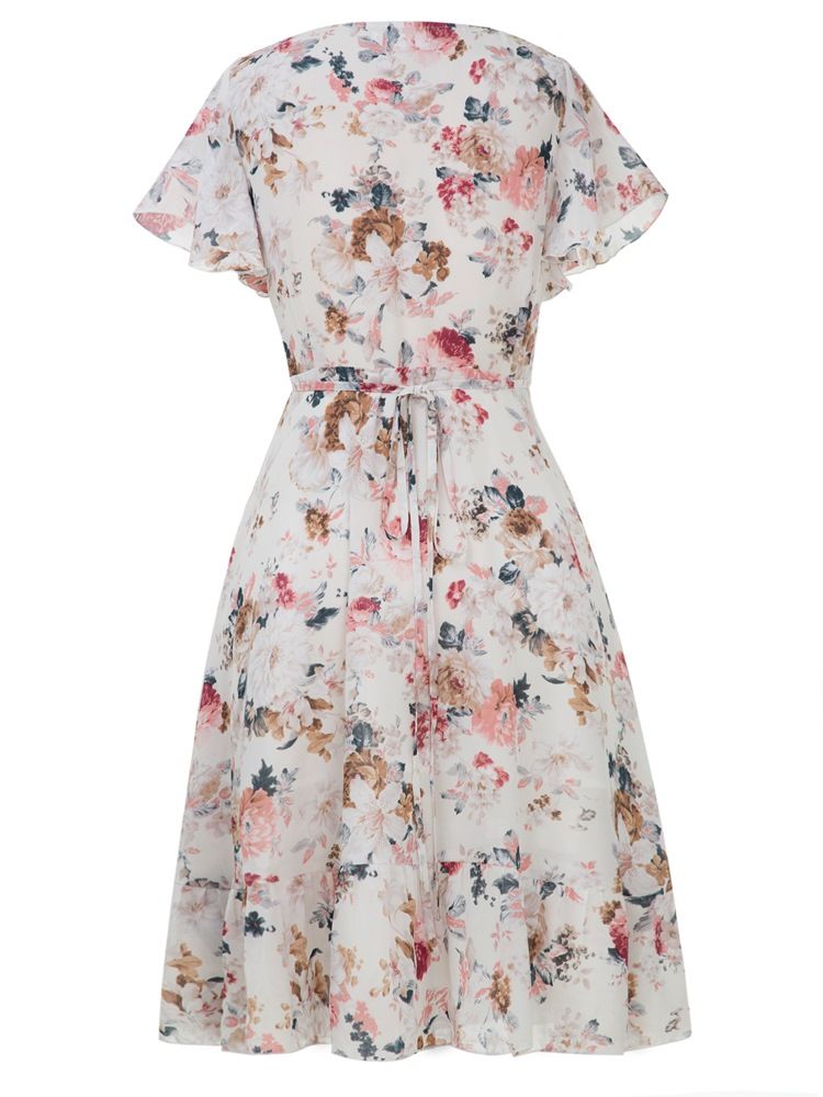 Vestido Feminino Estampado Com Decote Em V Com Cordão Em Linha A