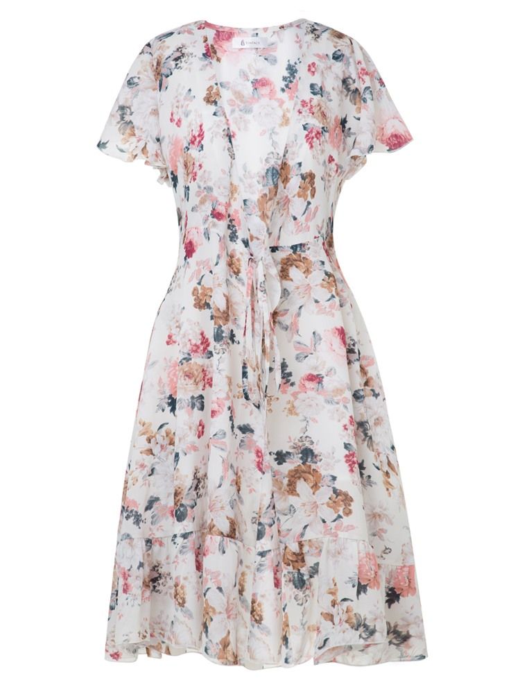 Vestido Feminino Estampado Com Decote Em V Com Cordão Em Linha A