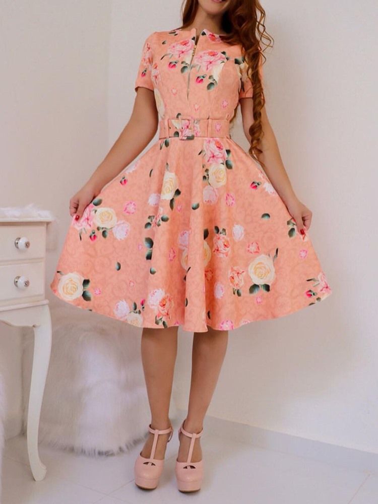 Vestido Feminino Estampado Manga Curta Até O Joelho Em Linha A