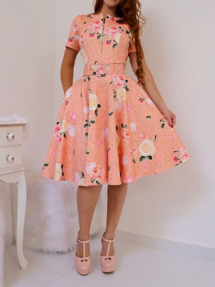 Vestido Feminino Estampado Manga Curta Até O Joelho Em Linha A