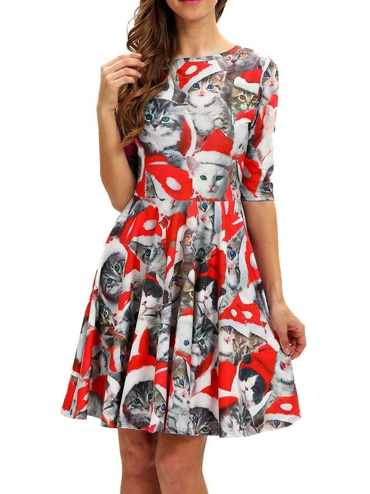 Vestido Feminino Estampado De Natal Acima Do Joelho Meia Manga Meia Cintura