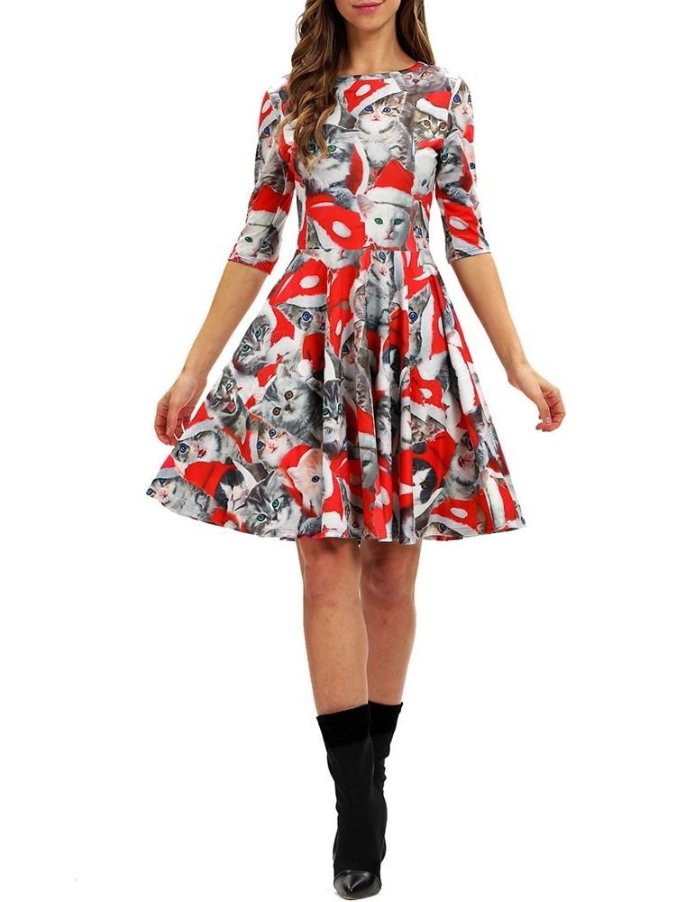 Vestido Feminino Estampado De Natal Acima Do Joelho Meia Manga Meia Cintura