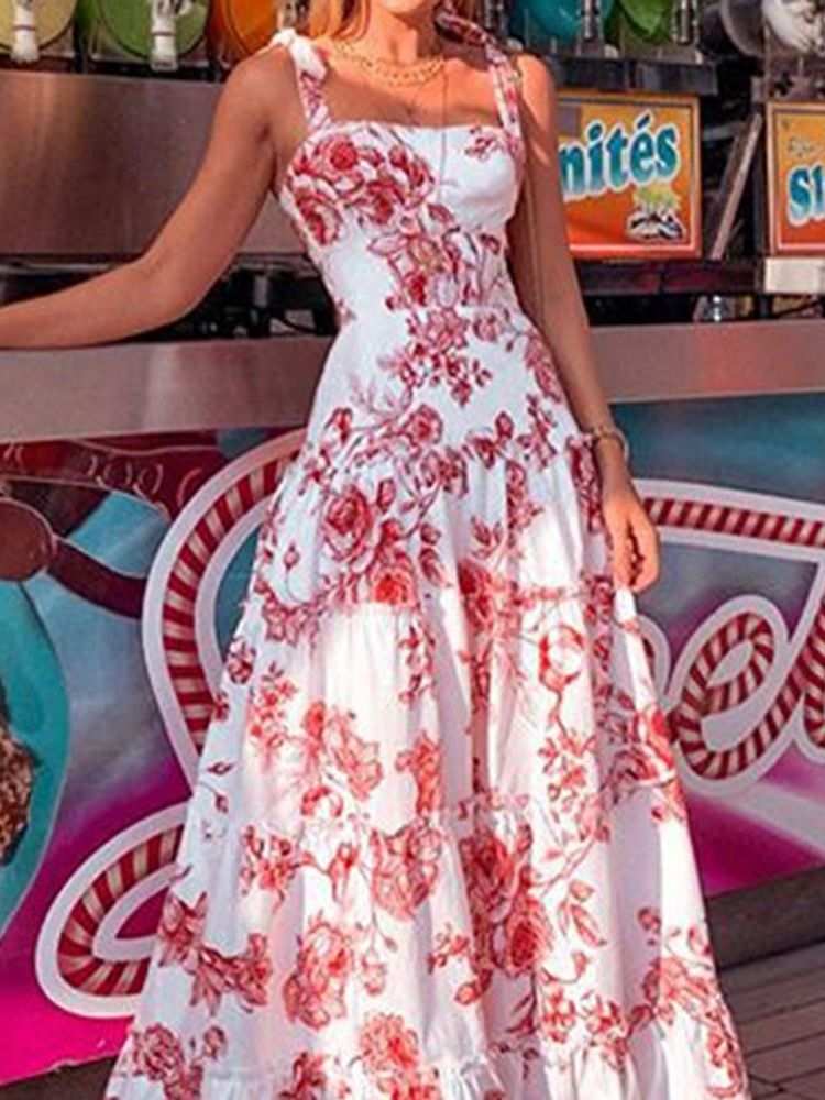 Vestido Feminino Estampado Sem Mangas Até O Chão Com Alça Espaguete