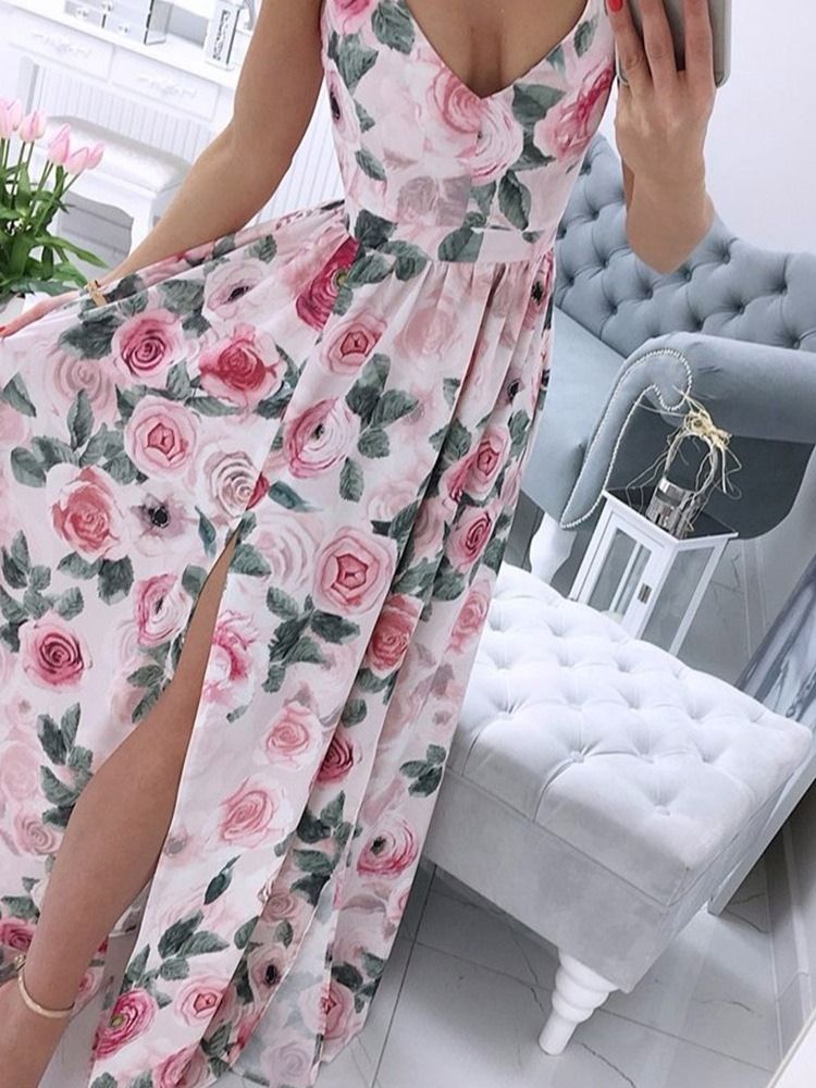 Vestido Feminino Estilo A-line De Verão Sem Mangas Até O Chão