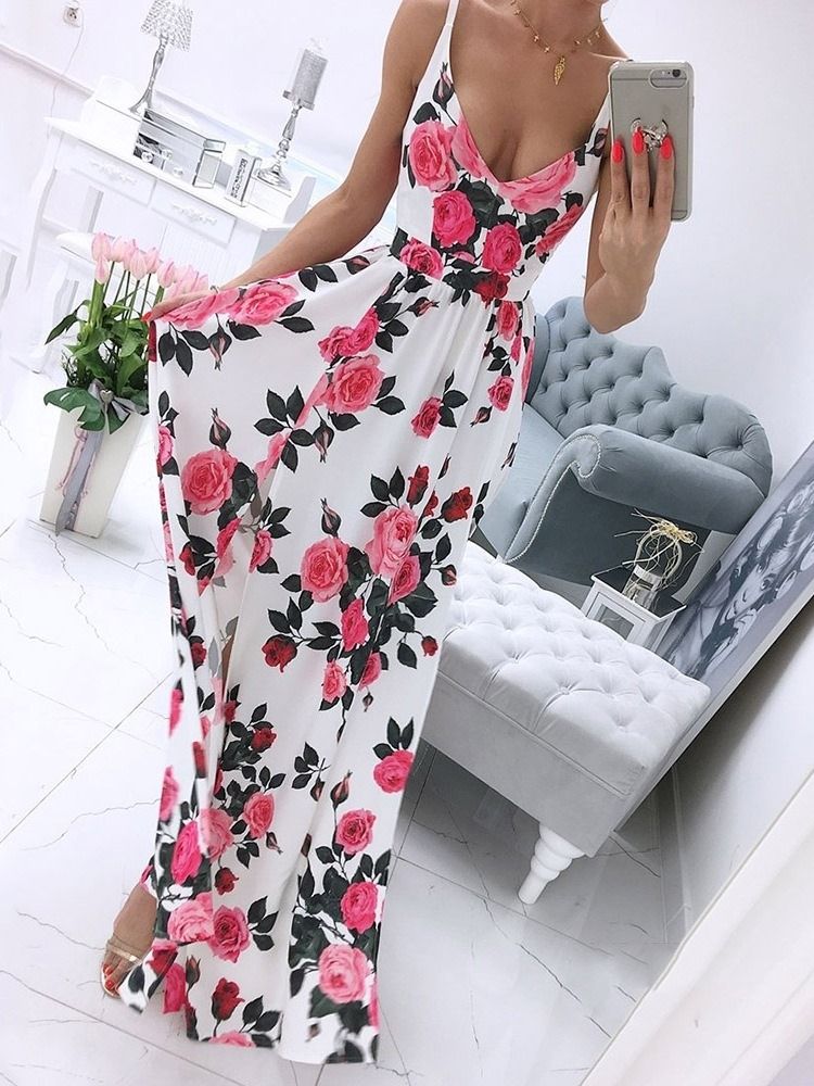 Vestido Feminino Estilo A-line De Verão Sem Mangas Até O Chão