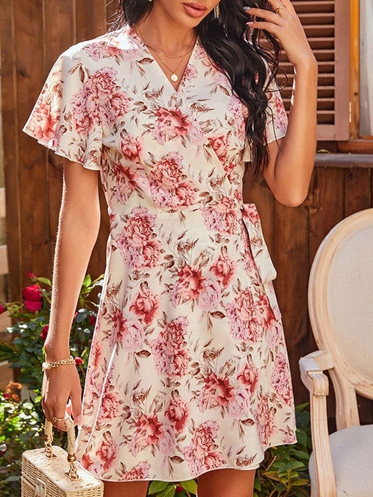 Vestido Feminino Floral Com Renda Em V Com Decote Em V Acima Do Joelho Pulôver Linha A