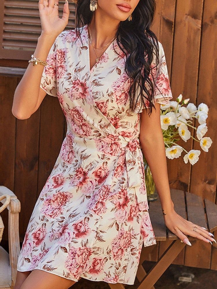 Vestido Feminino Floral Com Renda Em V Com Decote Em V Acima Do Joelho Pulôver Linha A