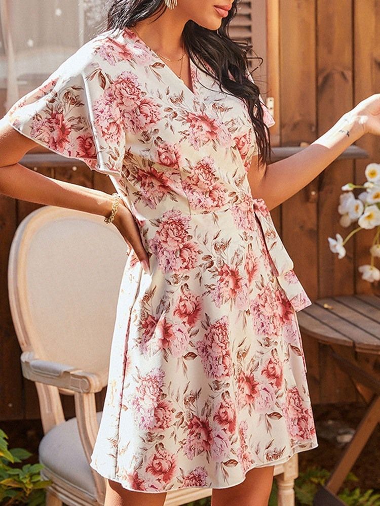 Vestido Feminino Floral Com Renda Em V Com Decote Em V Acima Do Joelho Pulôver Linha A