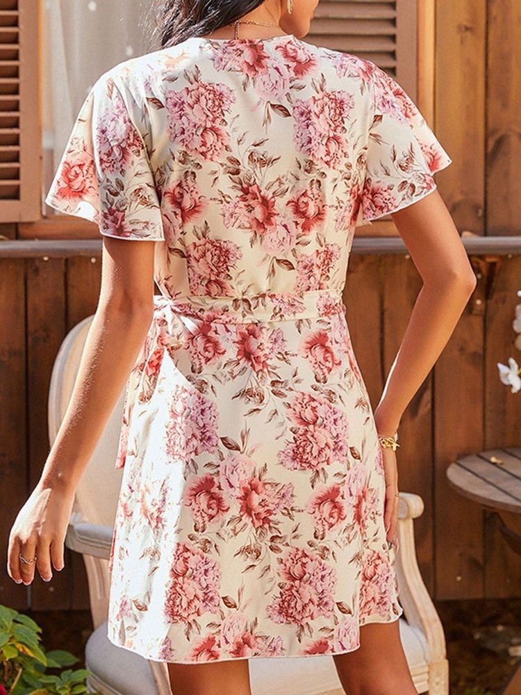 Vestido Feminino Floral Com Renda Em V Com Decote Em V Acima Do Joelho Pulôver Linha A