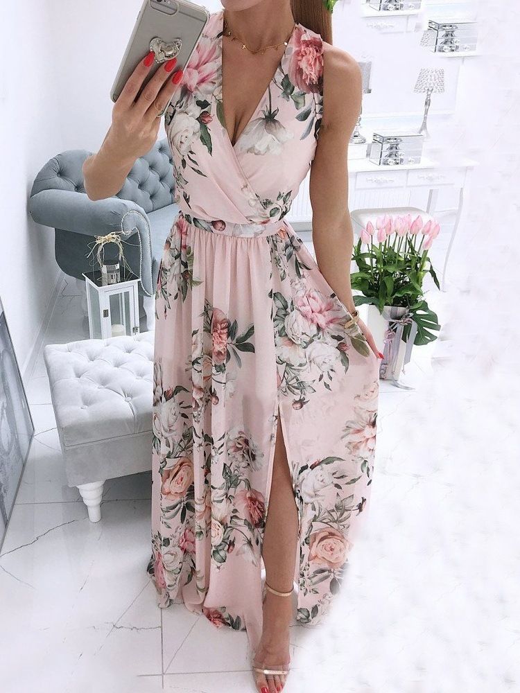 Vestido Feminino Floral Doce Até O Chão Sem Mangas Com Decote Em V