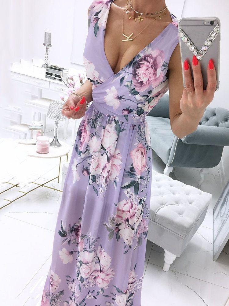 Vestido Feminino Floral Doce Até O Chão Sem Mangas Com Decote Em V