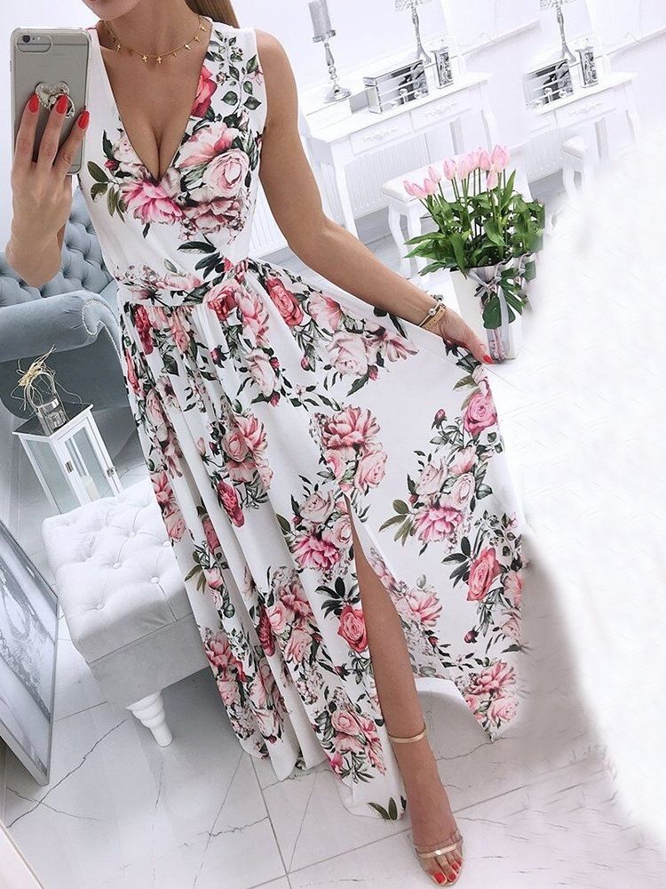 Vestido Feminino Floral Doce Até O Chão Sem Mangas Com Decote Em V