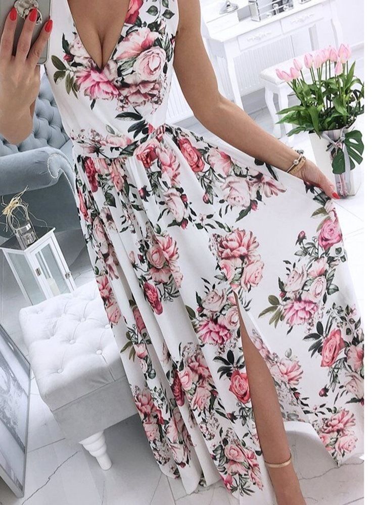 Vestido Feminino Floral Doce Até O Chão Sem Mangas Com Decote Em V