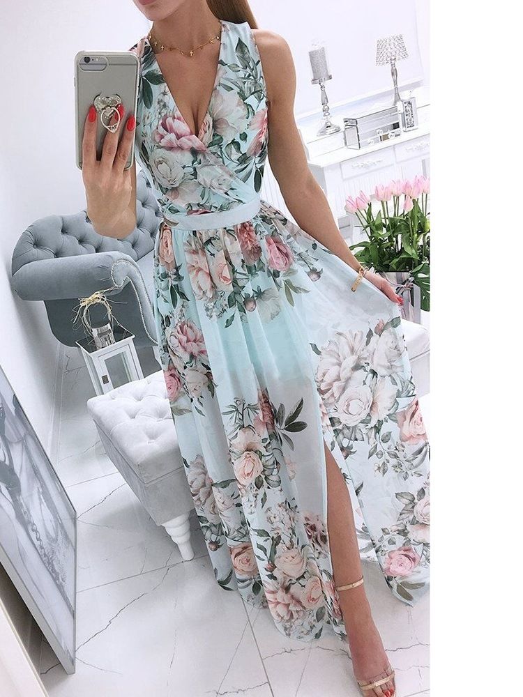 Vestido Feminino Floral Doce Até O Chão Sem Mangas Com Decote Em V