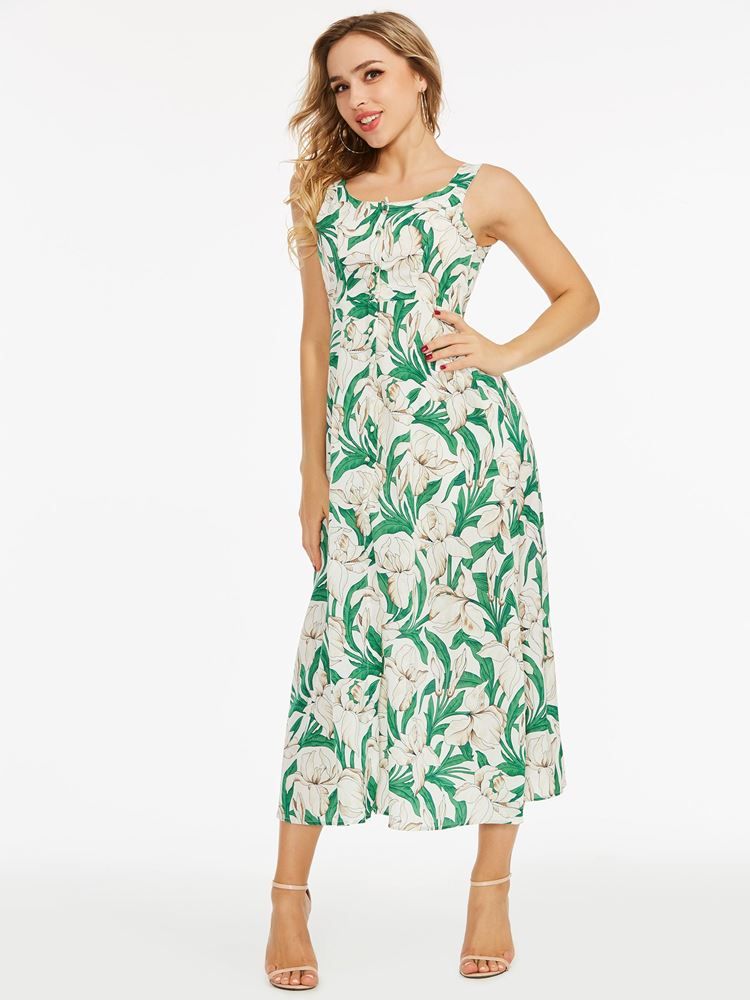 Vestido Feminino Floral Estampado Sem Mangas Em Linha A