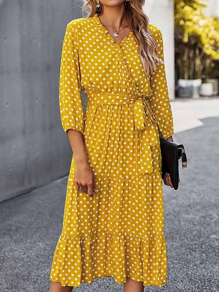 Vestido Feminino De Gola Em V Com Manga Três Quartos Meia Canela E Bolinhas Com Decote Em V