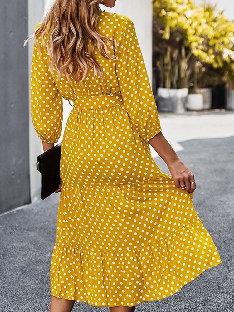 Vestido Feminino De Gola Em V Com Manga Três Quartos Meia Canela E Bolinhas Com Decote Em V