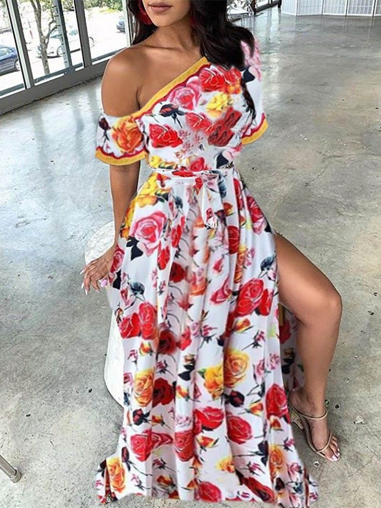 Vestido Feminino De Gola Oblíqua Até O Chão Com Estampa Floral Dividida