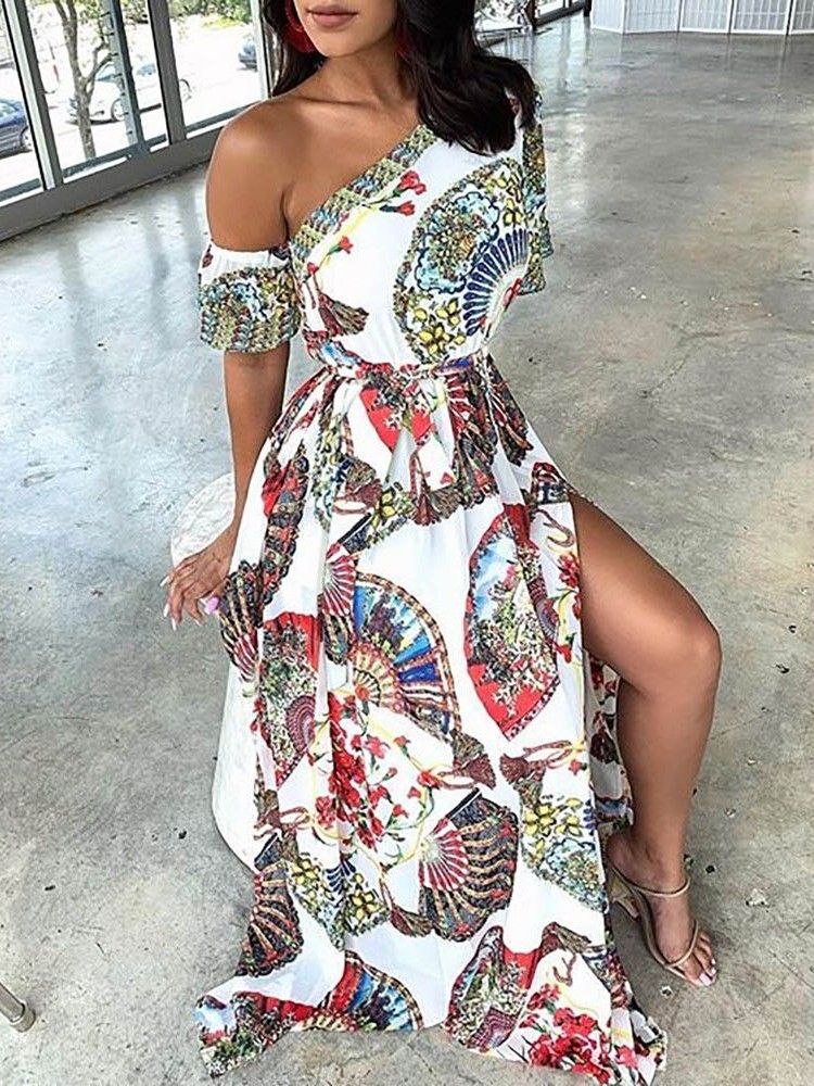 Vestido Feminino De Gola Oblíqua Até O Chão Com Estampa Floral Dividida