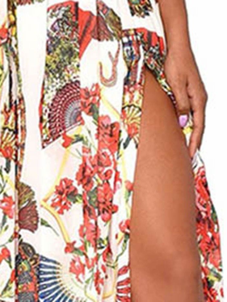 Vestido Feminino De Gola Oblíqua Até O Chão Com Estampa Floral Dividida