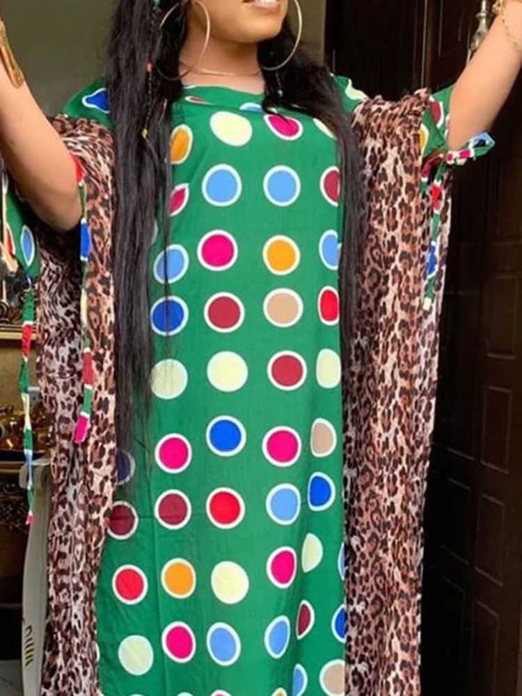 Vestido Feminino De Gola Redonda Até O Chão Com Manga De Três Quartos Às Bolinhas