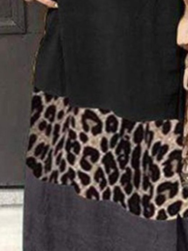 Vestido Feminino Leopardo De Manga Comprida Com Decote Em V Na Altura Do Tornozelo