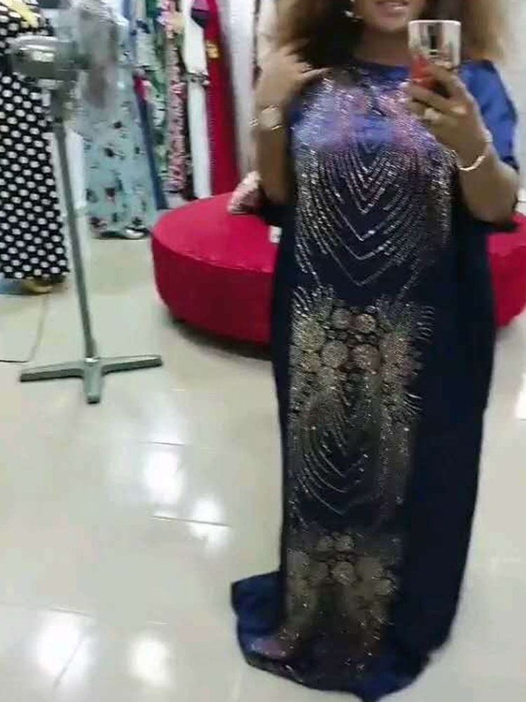 Vestido Feminino Longo De Strass Com Meia Manga A-line Geométrico