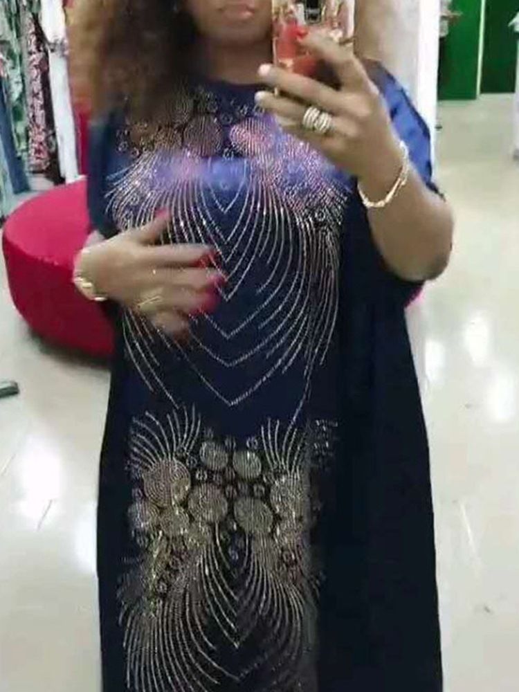 Vestido Feminino Longo De Strass Com Meia Manga A-line Geométrico